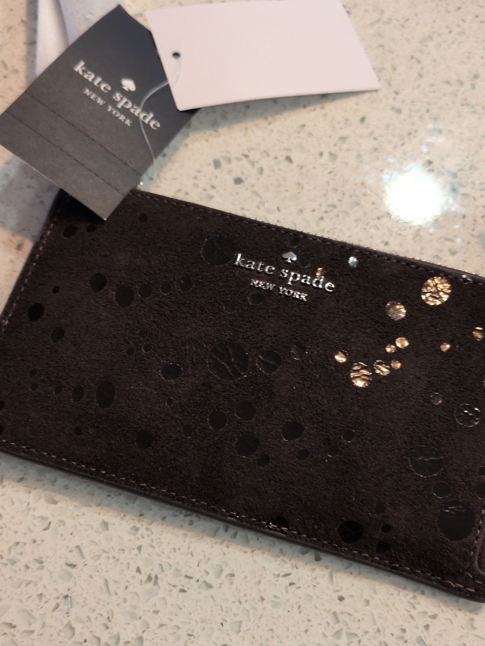 kate spade Brown Suede Card Holder with black Metallic Dot Accents Wristlet Nwt
